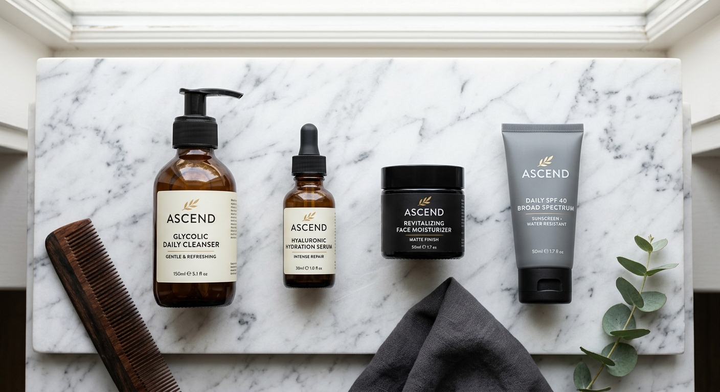 Aesop serum, Supergoop sunscreen, and Jack Black face wash arranged on dark slate