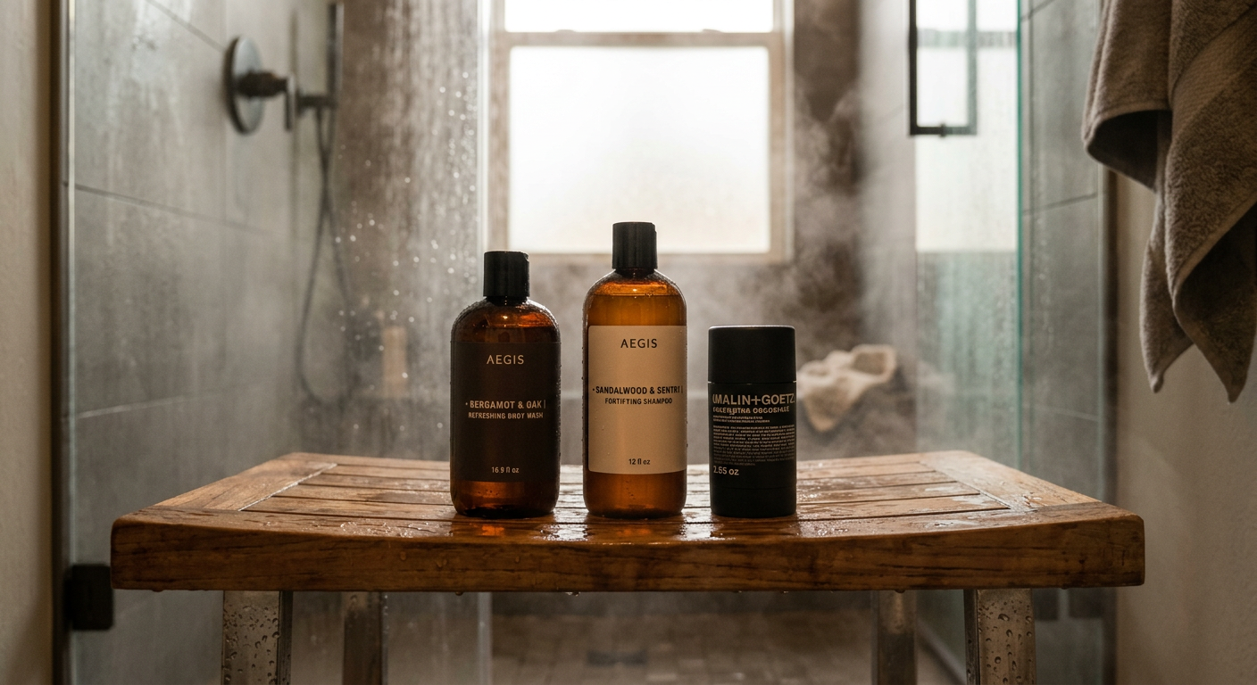 Malin+Goetz body wash and CeraVe lotion on a modern bathroom shelf