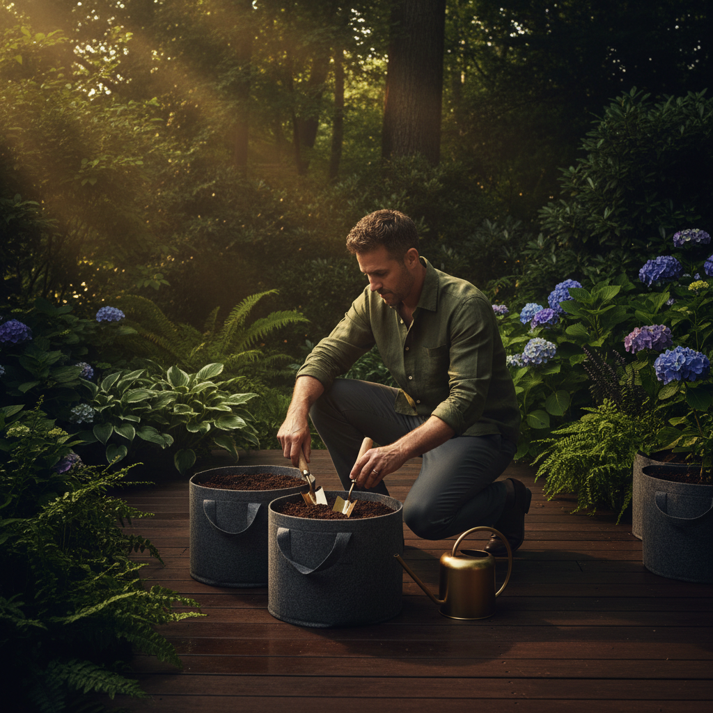 Man setting up grow bags on a timber deck surrounded by green Atlanta garden beds, golden morning light, sleek and photorealistic