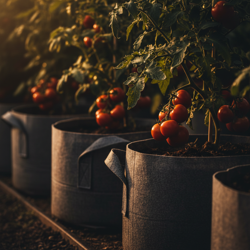 Close-up of grow bags with tomato plants in bright Southern sun, shallow depth, cinematic light from morning angle, photorealistic