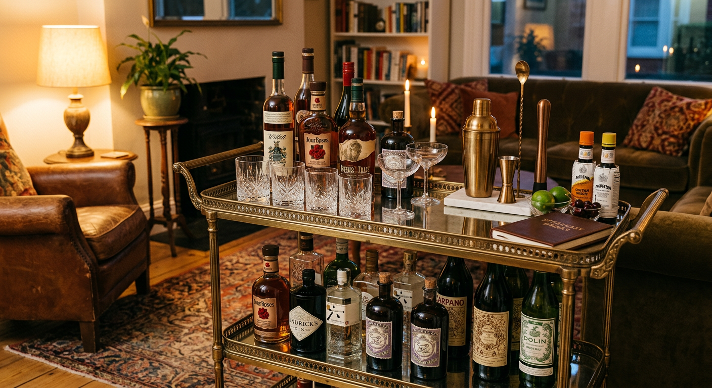 Styled bar cart with bottles, glassware, and tools in a modern Atlanta apartment