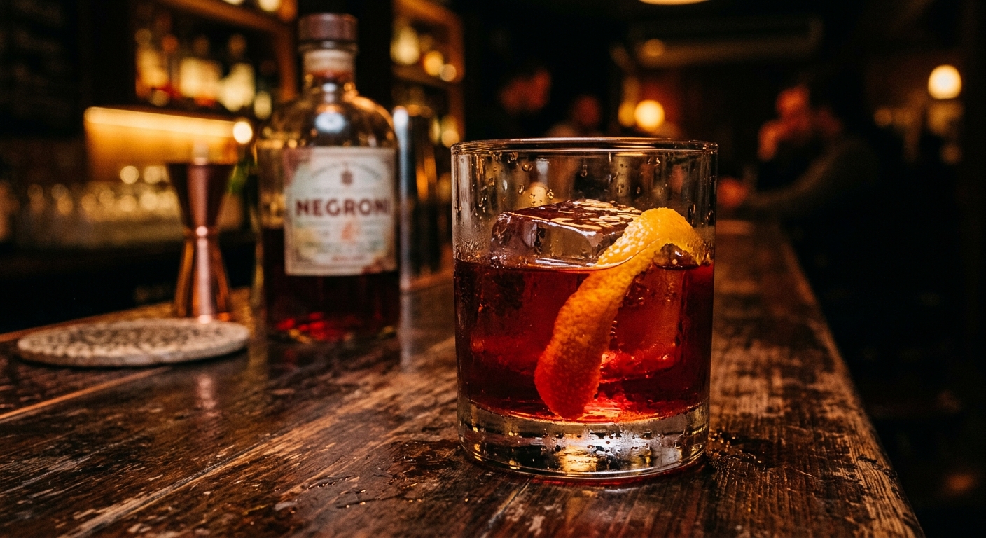 A perfectly made Negroni in a rocks glass with orange peel garnish on a bar cart