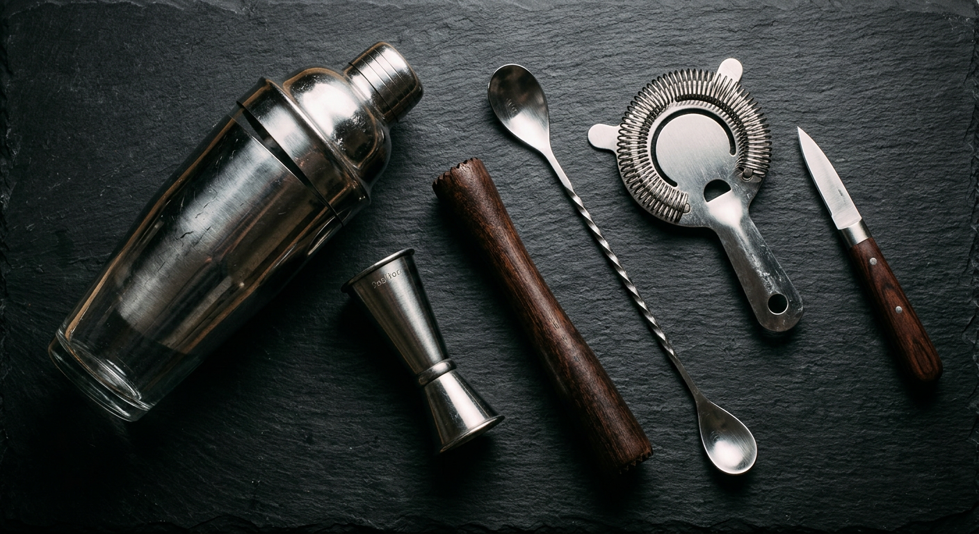 Essential bar tools arranged on dark wood: Boston shaker, jigger, strainer, mixing glass, bar spoon