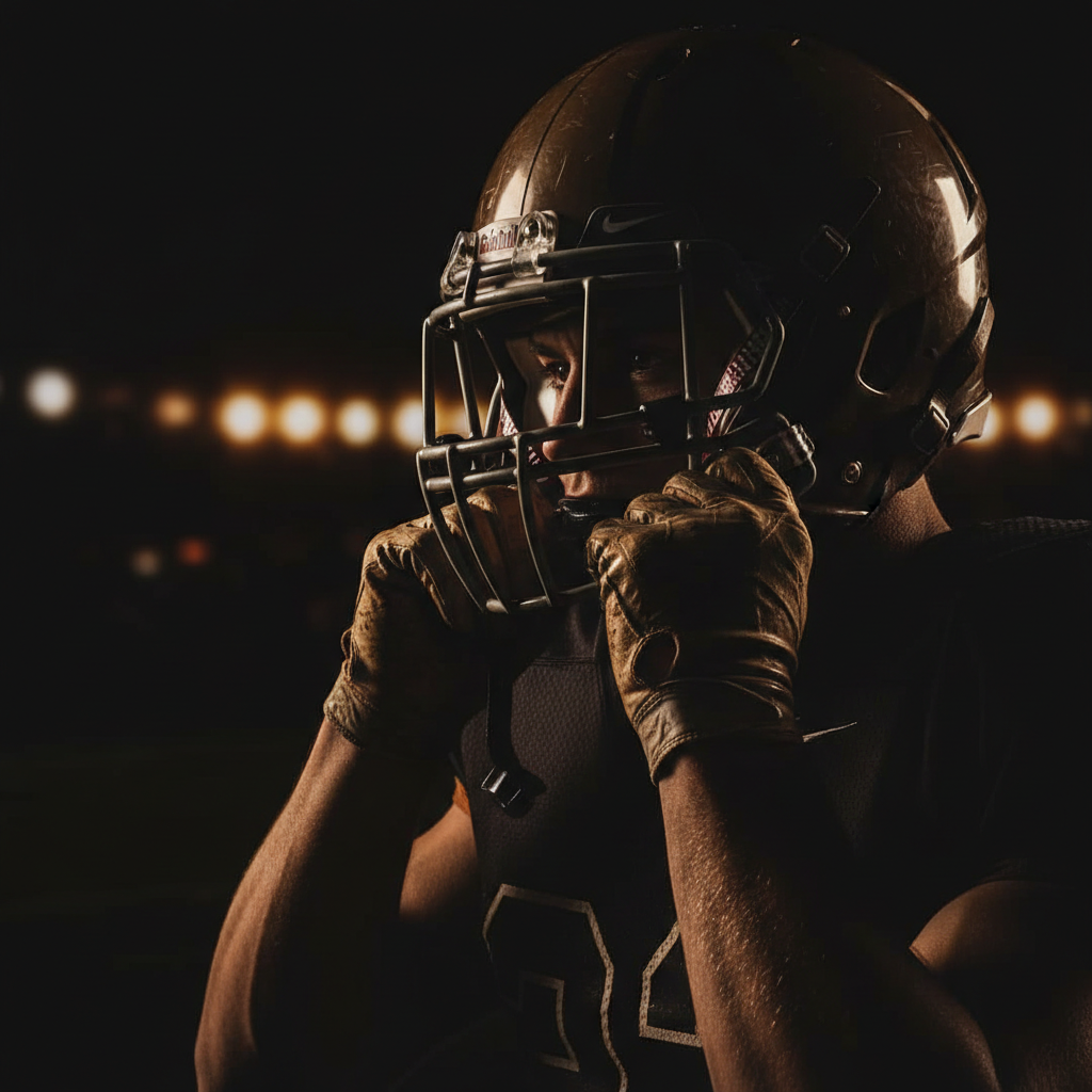 Close-up of a high school football player's hands adjusting his helmet before taking the field, stadium lights in soft focus behind him, conveying focus and pre-game intensity