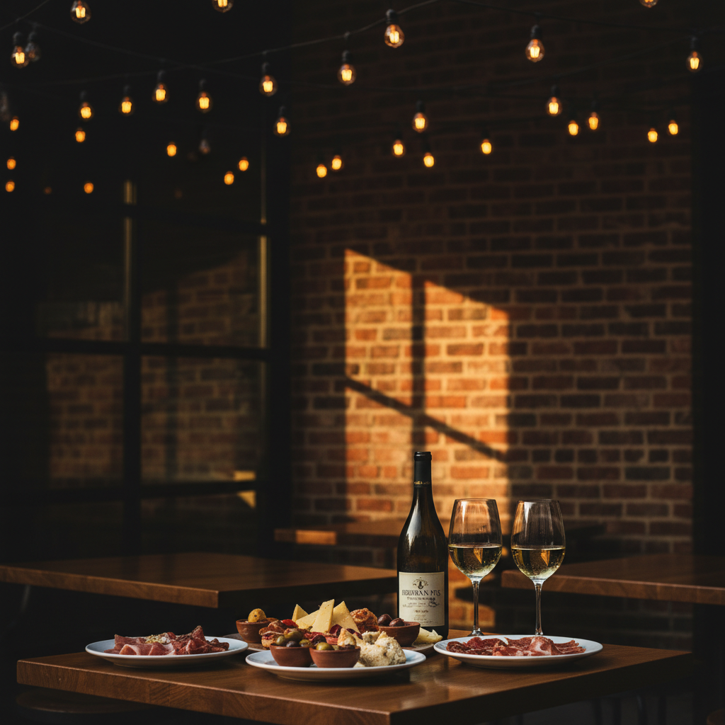 The Iberian Pig back patio at golden hour — string lights over exposed brick, tapas spread, two glasses of Albariño on the table