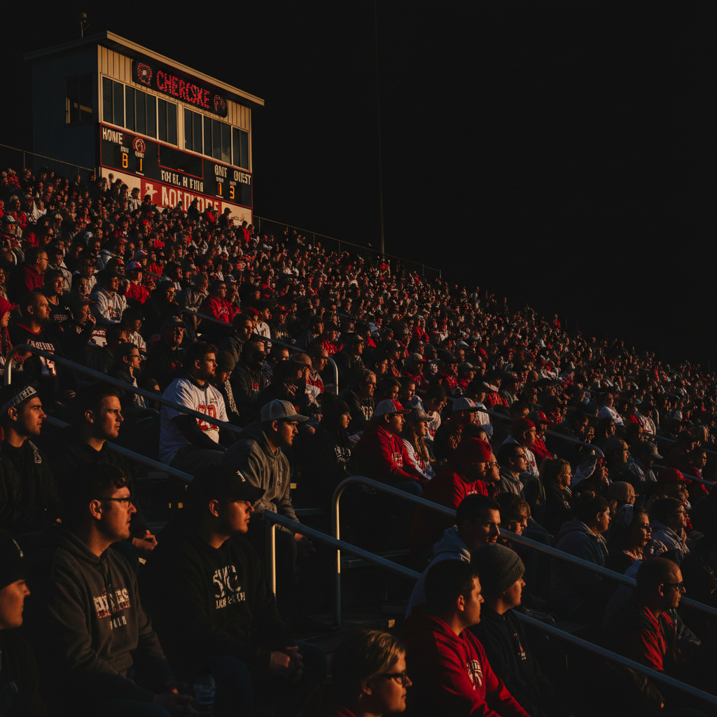 Packed high school stadium stands in Cherokee County Georgia, golden hour light catching the crowd, red and white spirit gear visible in the bleachers, scoreboard lit in background