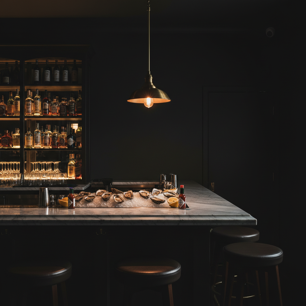 Kimball House bar at 9:30 PM, Decatur — marble oyster counter, warm pendant light, backlit bottles, two seats open at the corner
