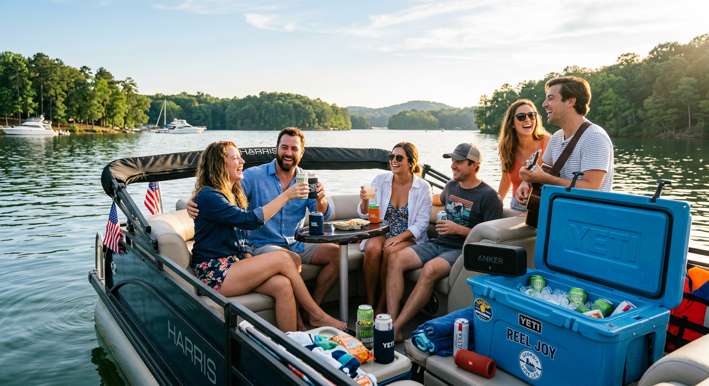 Luxury pontoon boat on calm Lake Oconee at sunset