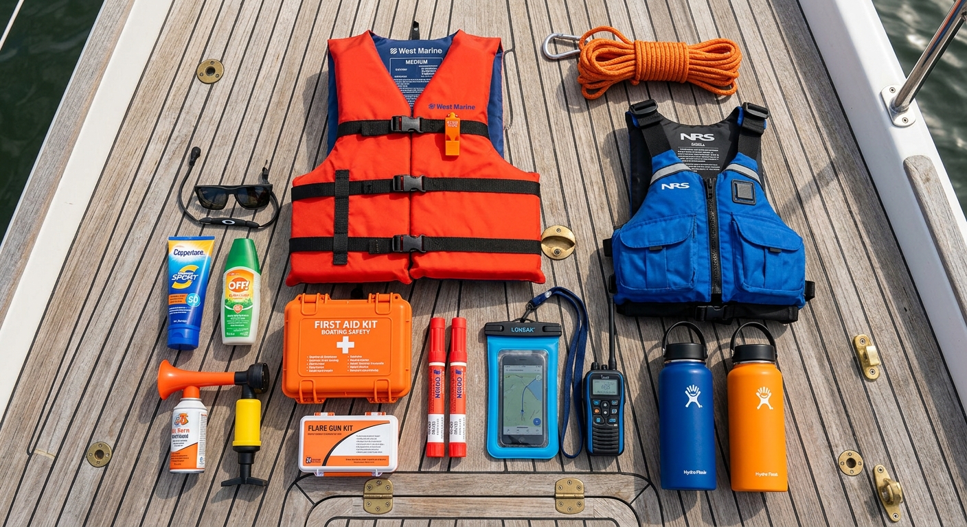 Life jackets and safety equipment laid out on a boat dock