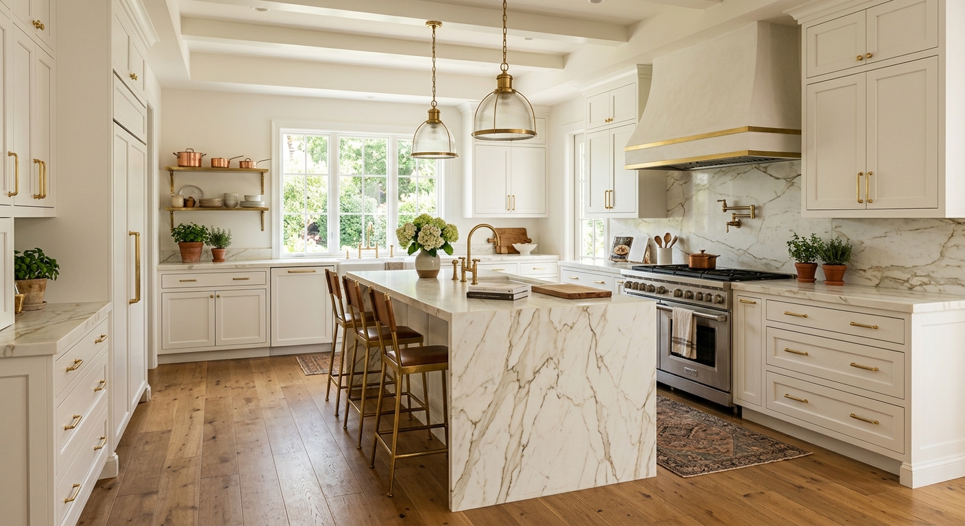 Chef's kitchen with Wolf appliances and quartzite waterfall island