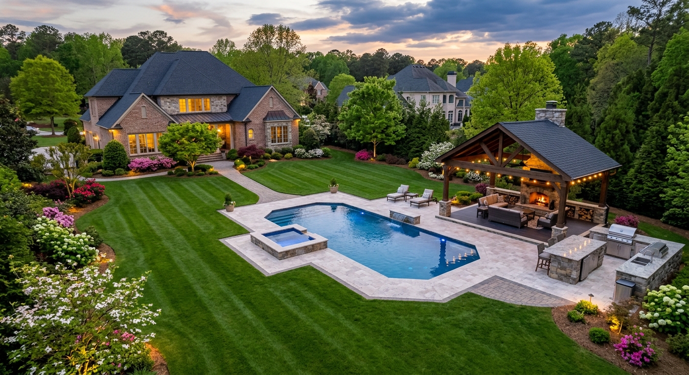 Saltwater pool and covered patio overlooking landscaped backyard
