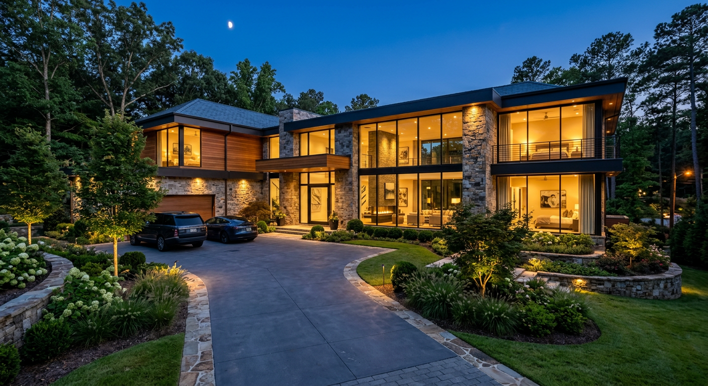 Grand foyer with 22-foot ceilings and custom iron staircase in south Forsyth County luxury home