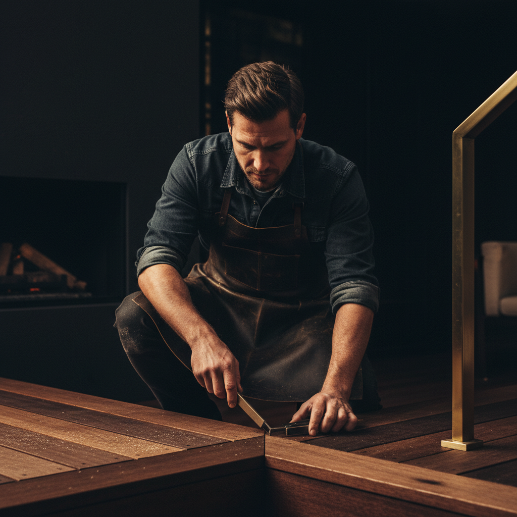 Man inspecting a timber deck corner, casual work clothes, morning light, calm focused expression, photorealistic and cinematic