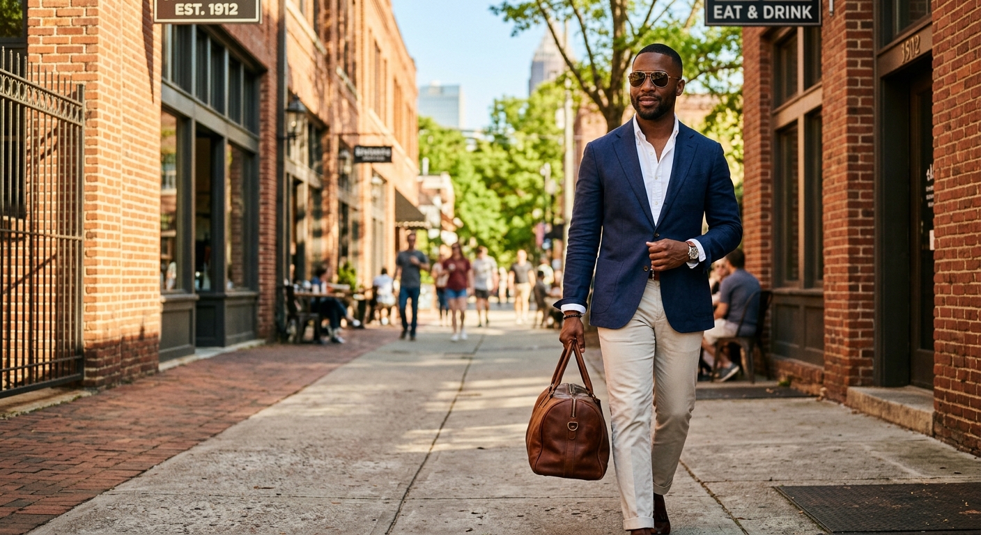 Spring wardrobe essentials laid out — linen blazer, chinos, oxford shirt, loafers