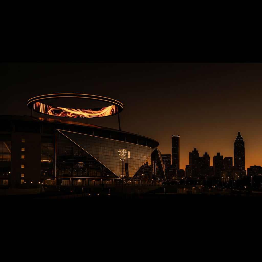 Mercedes-Benz Stadium exterior at dusk, the iconic halo board glowing, Atlanta skyline behind it, warm summer light