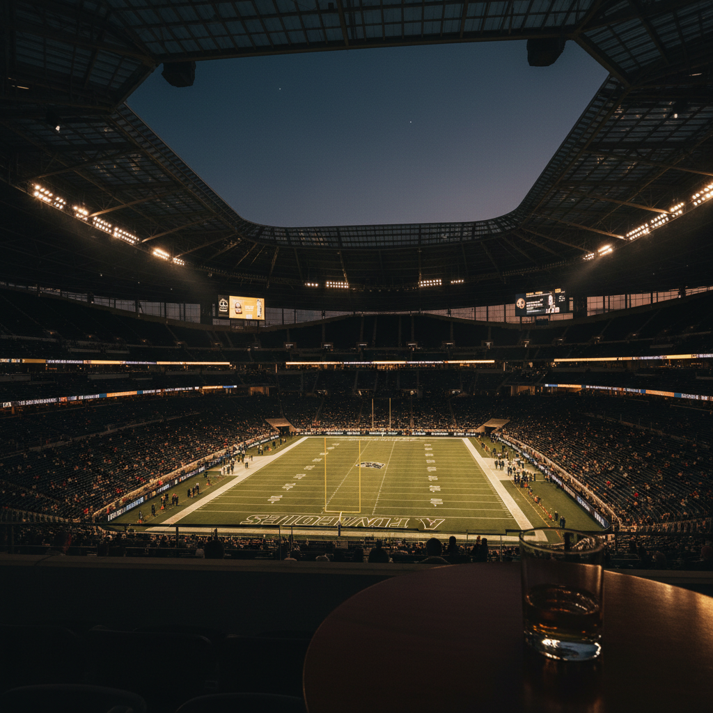 Mercedes-Benz Stadium interior at dusk, retractable roof partially open, field lit under warm floodlights, supporters' section visible in lower bowl