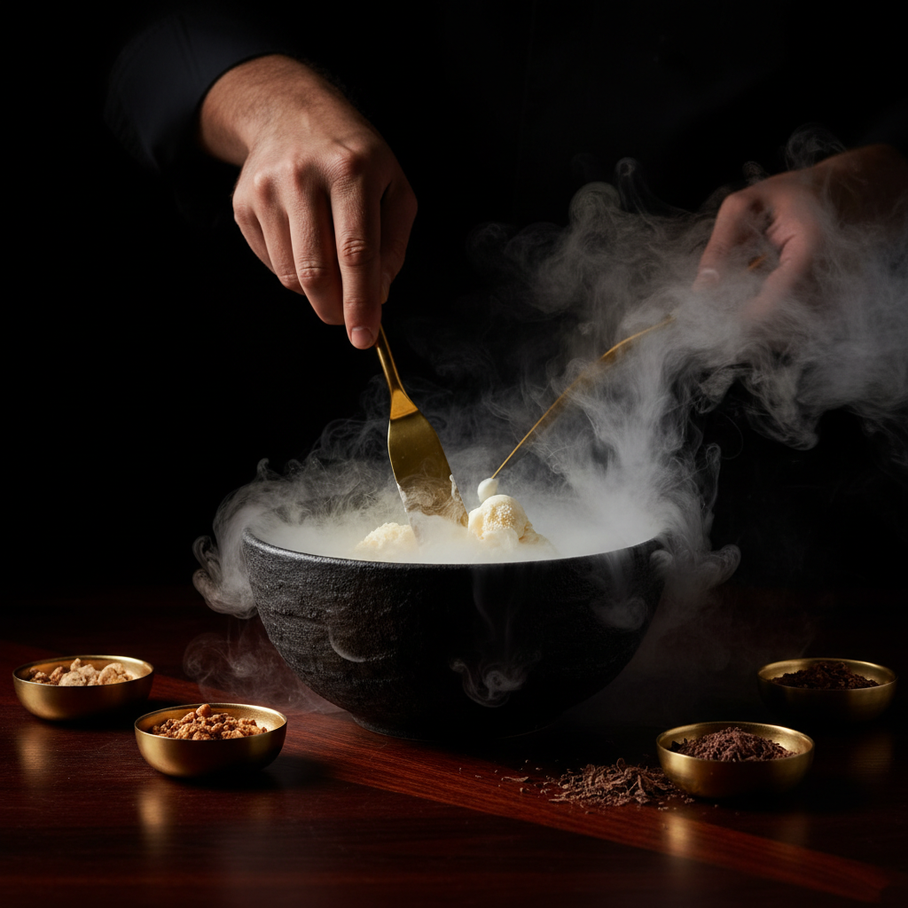Close-up of liquid nitrogen ice cream being made tableside, dramatic vapor cloud rising, served in a dark ceramic bowl against a warm wood-grain table