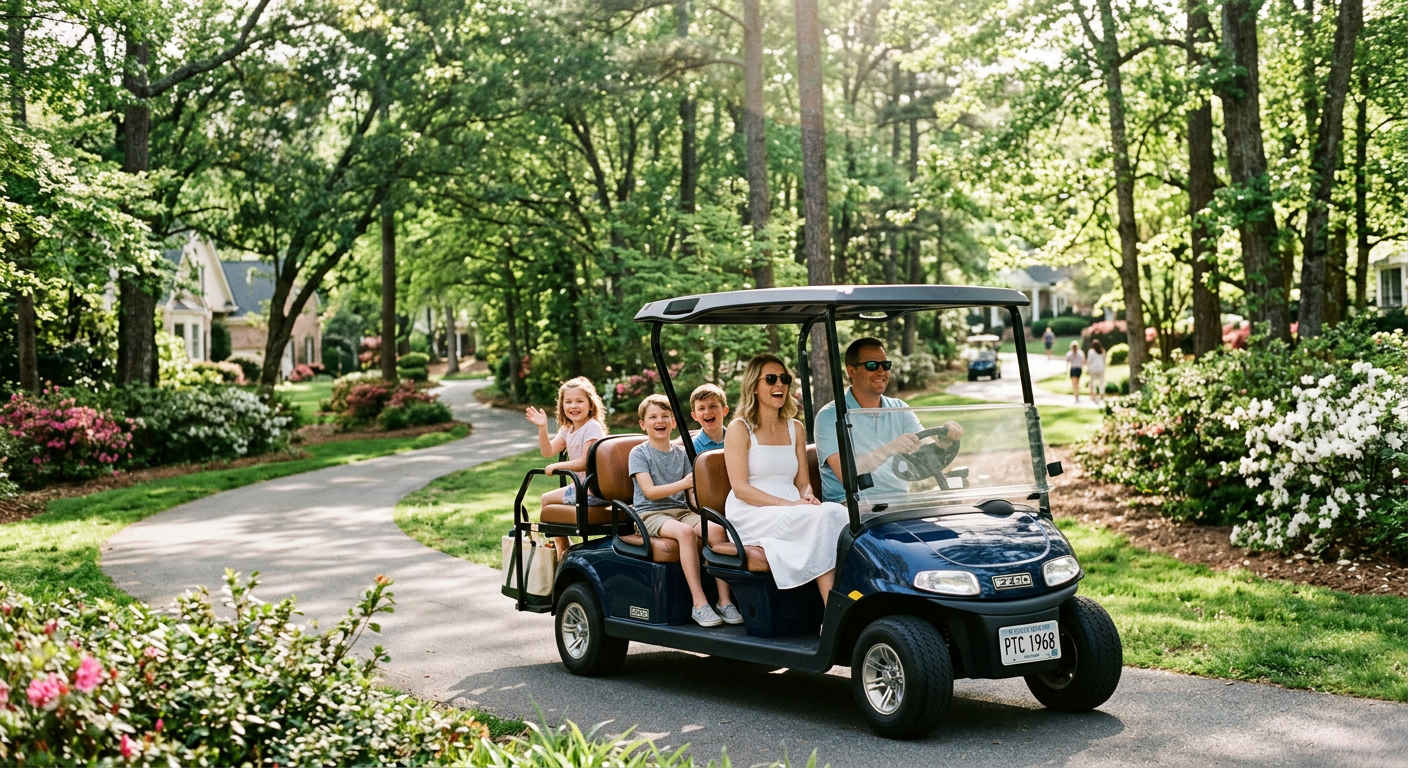 Family driving a golf cart on a tree-lined path in Peachtree City