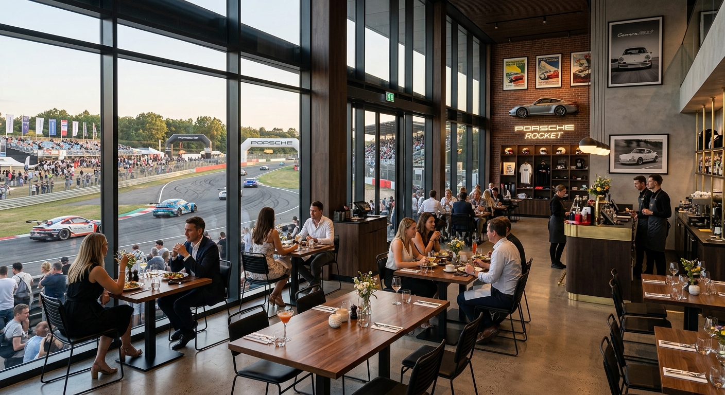 Carrera Cafe interior overlooking the Porsche track