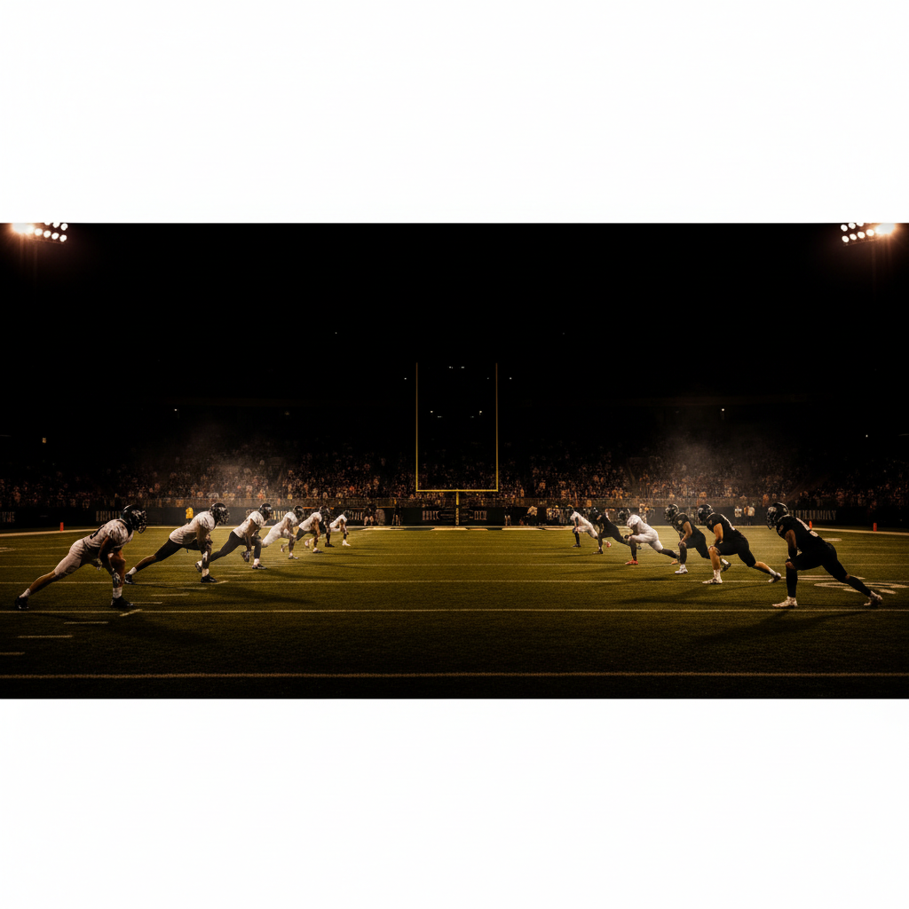 Two football teams warming up under stadium lights on a warm Georgia August evening, green turf glowing, players in white and dark jerseys stretching in opposing end zones, small crowd filling the stands in the background
