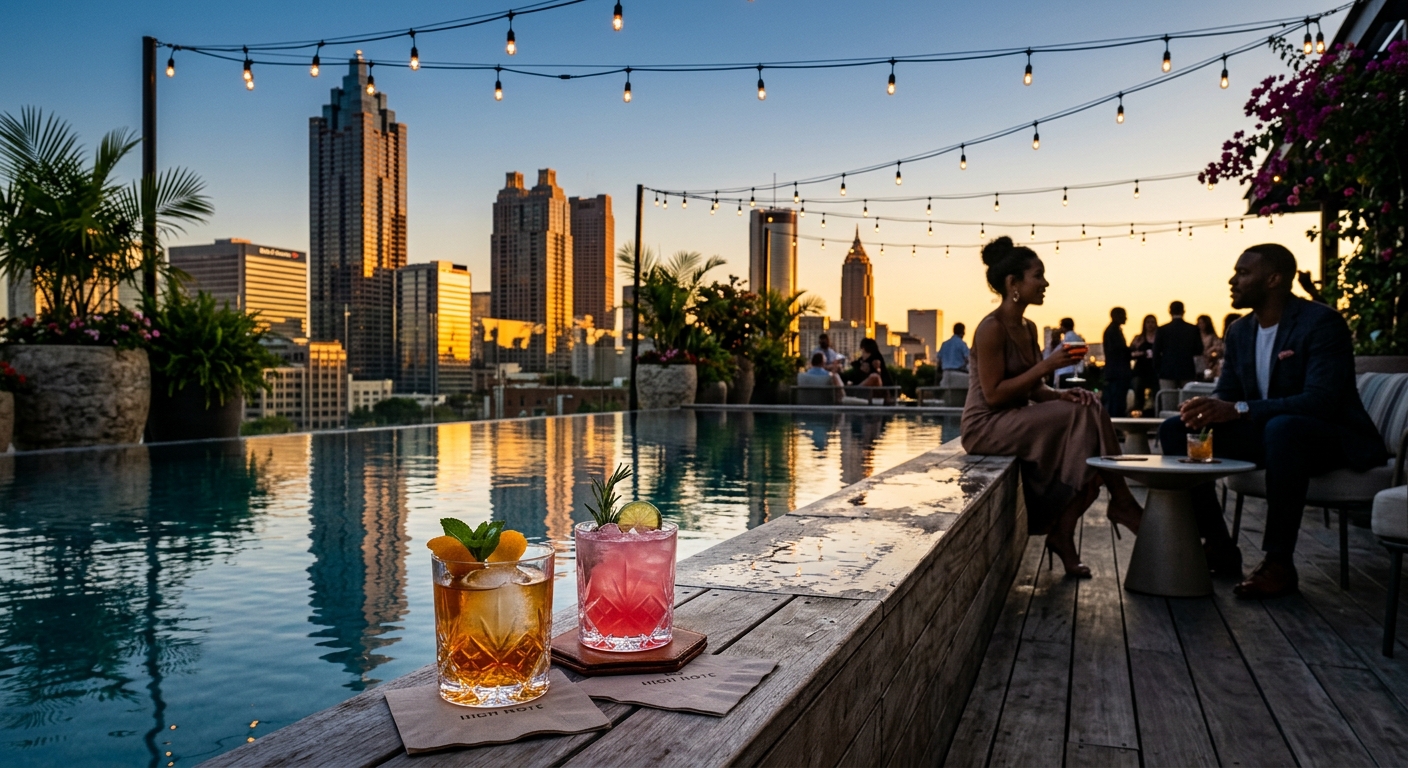 Atlanta skyline view from a rooftop lounge at golden hour