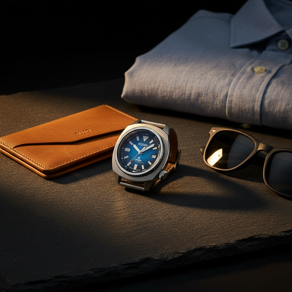 Seiko 1970 Heritage Save The Ocean displayed alongside a simple summer EDC — slim leather cardholder, minimal sunglasses, linen shirt folded in background — lifestyle flat lay, warm light, slate surface, masculine and approachable