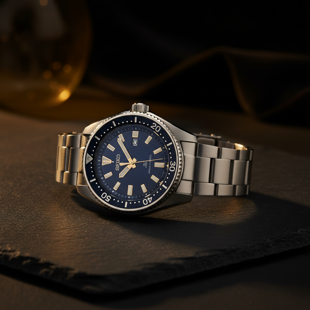 A Seiko Luxe 1970 Heritage Save The Ocean dive watch on a dark slate surface, navy dial with applied indices catching warm light, bracelet laid flat alongside the case — product photography style, cinematic, masculine, no clutter