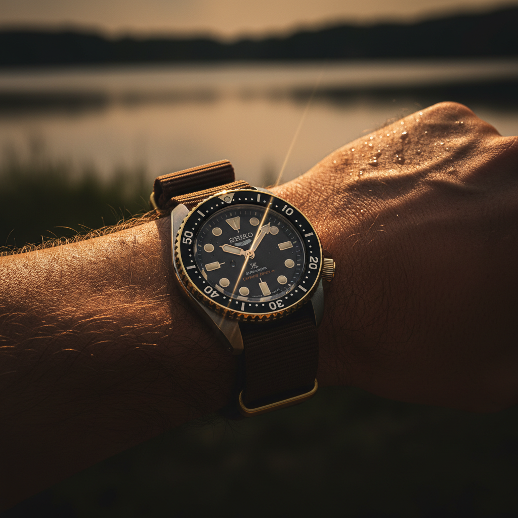 Close-up wrist shot of the Seiko 1970 Heritage on a nylon strap, shot outdoors in natural afternoon light, hint of water or lake in the background — Atlanta summer light, golden hour, masculine, photorealistic