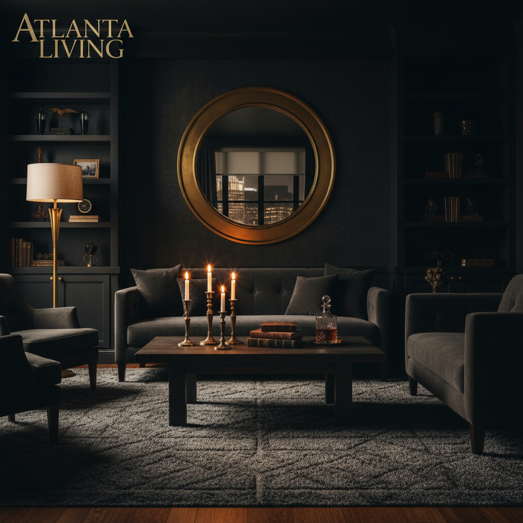 Properly sized area rug anchoring a tight Atlanta living room, furniture legs on the rug, single large mirror reflecting window light, photorealistic, cinematic