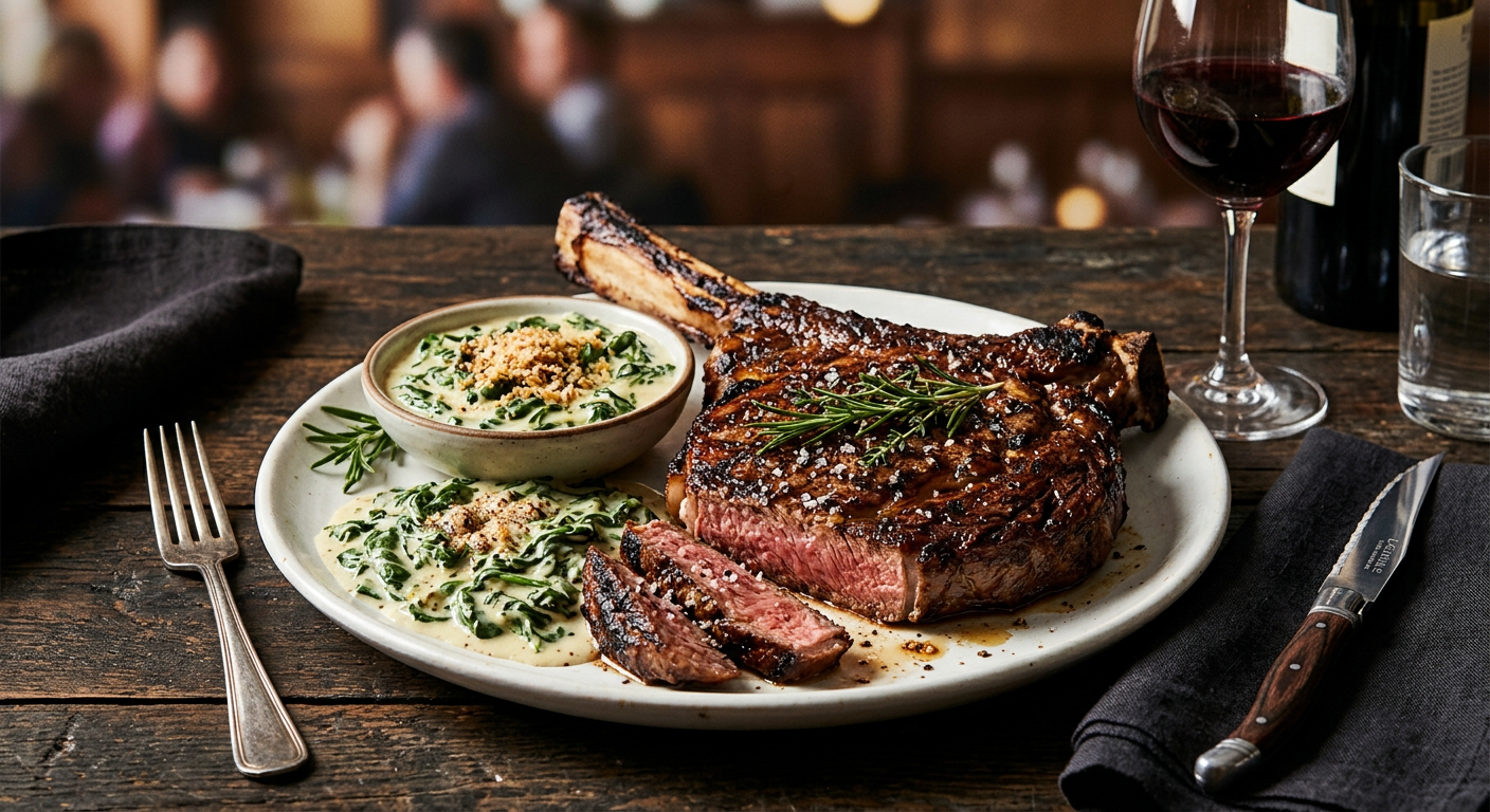 Bone-in ribeye at Bones Restaurant with a perfect char and herb butter
