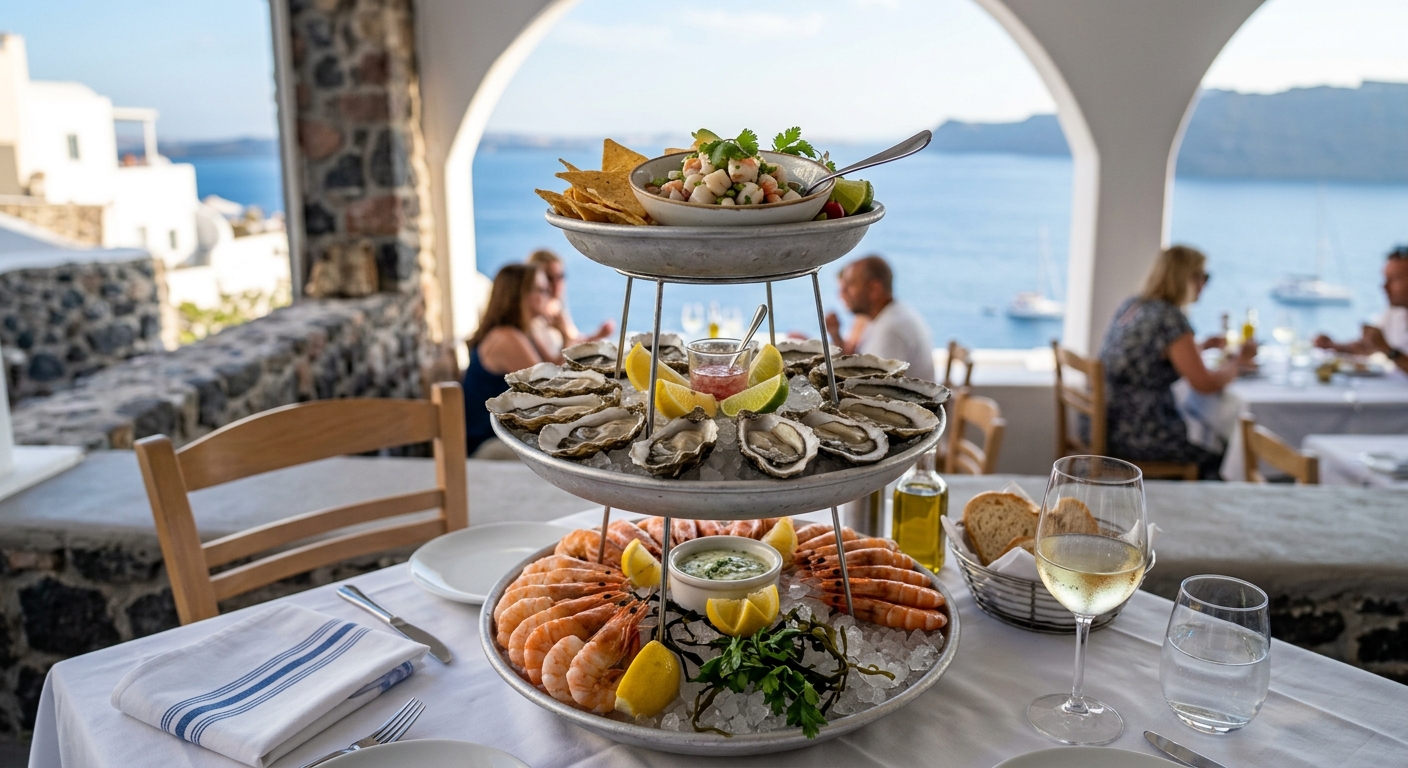 Kyma seafood tower and dry-aged ribeye on a wood-fire grill