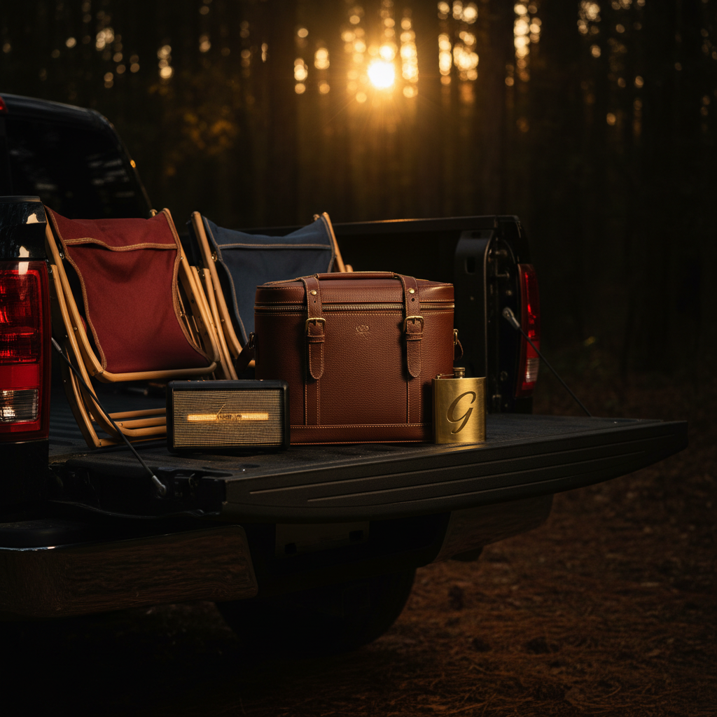 A leather cooler bag, wireless speaker, folding camp chairs in team colors, and a flask arranged on a tailgate truck bed in soft golden late-afternoon Georgia light