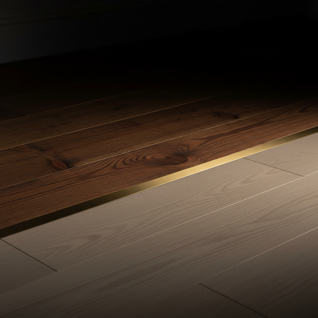 Close detail of a transition joint where original heart pine meets new white oak flooring — a deliberate material shift, not a patch