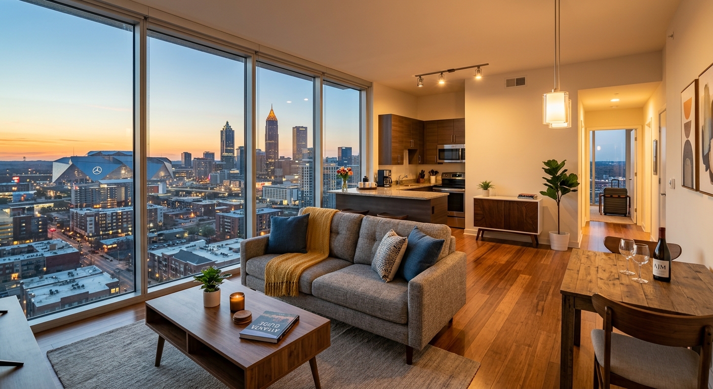 Atlanta skyline at sunset with Mercedes-Benz Stadium in the foreground