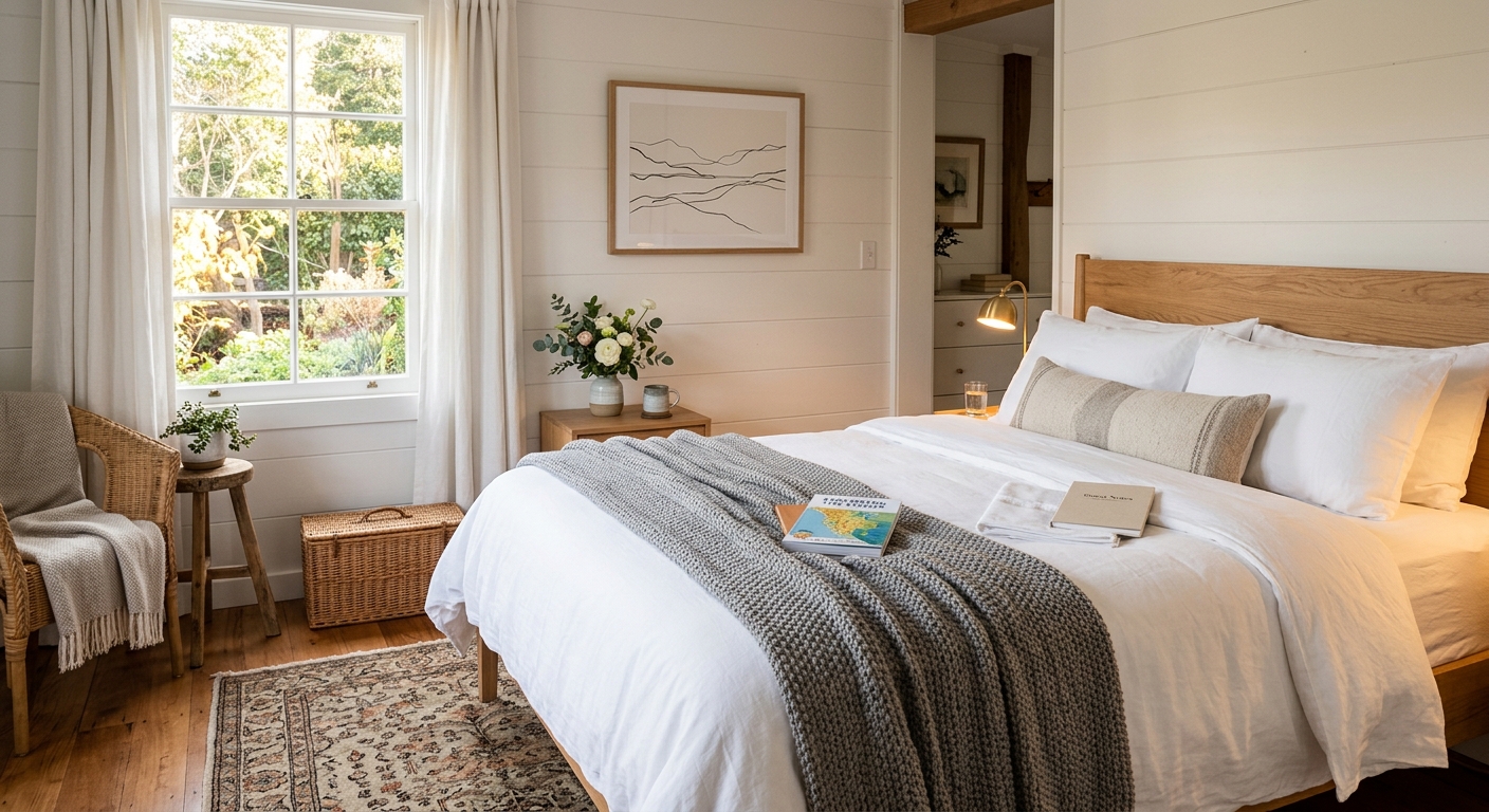 Beautifully staged guest bedroom with crisp white linens and local art