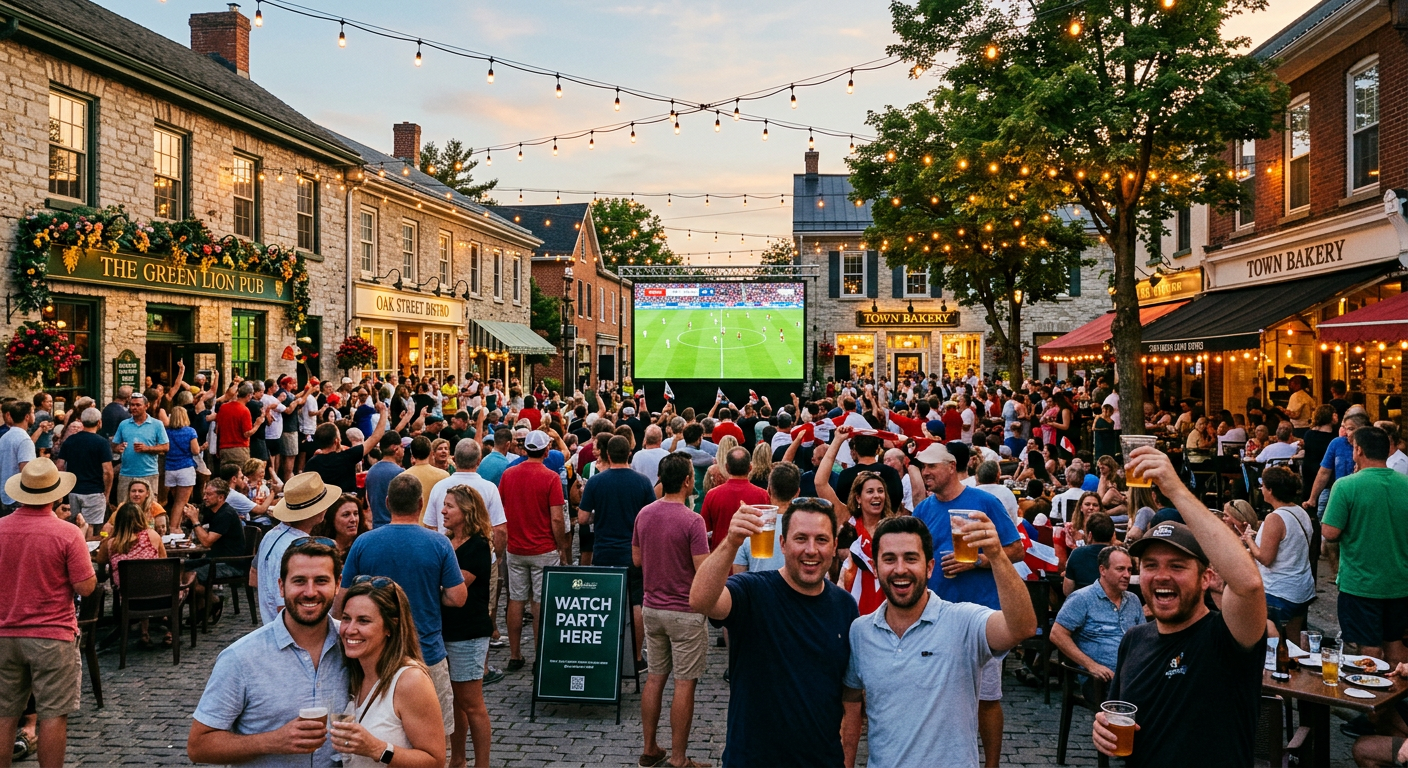 Outdoor watch party setup with big screen on Decatur Square