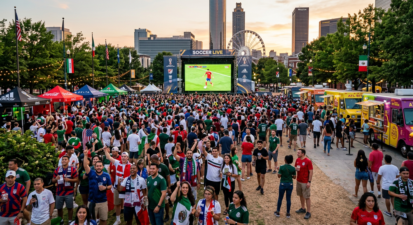 Centennial Olympic Park packed with fans watching a giant screen during a sporting event