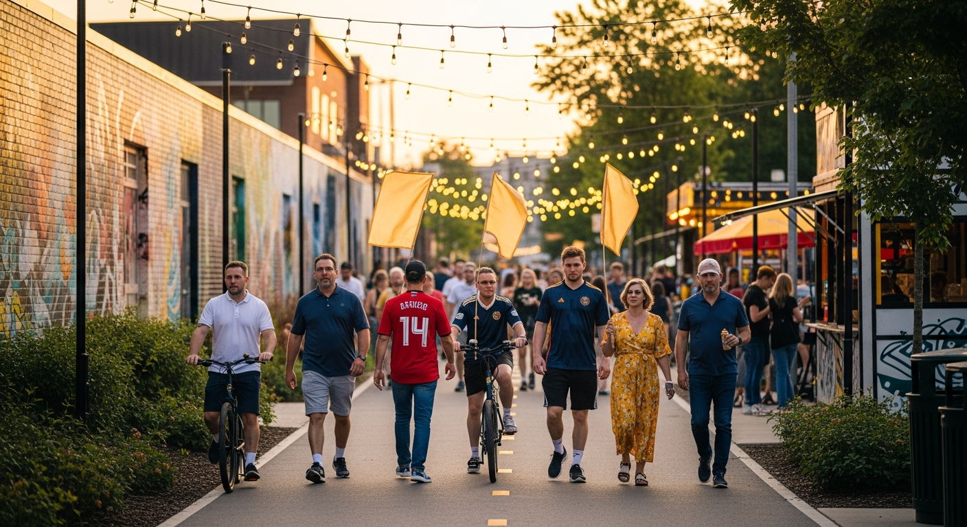 Evening crowd strolling the Atlanta BeltLine past murals and string lights at golden hour