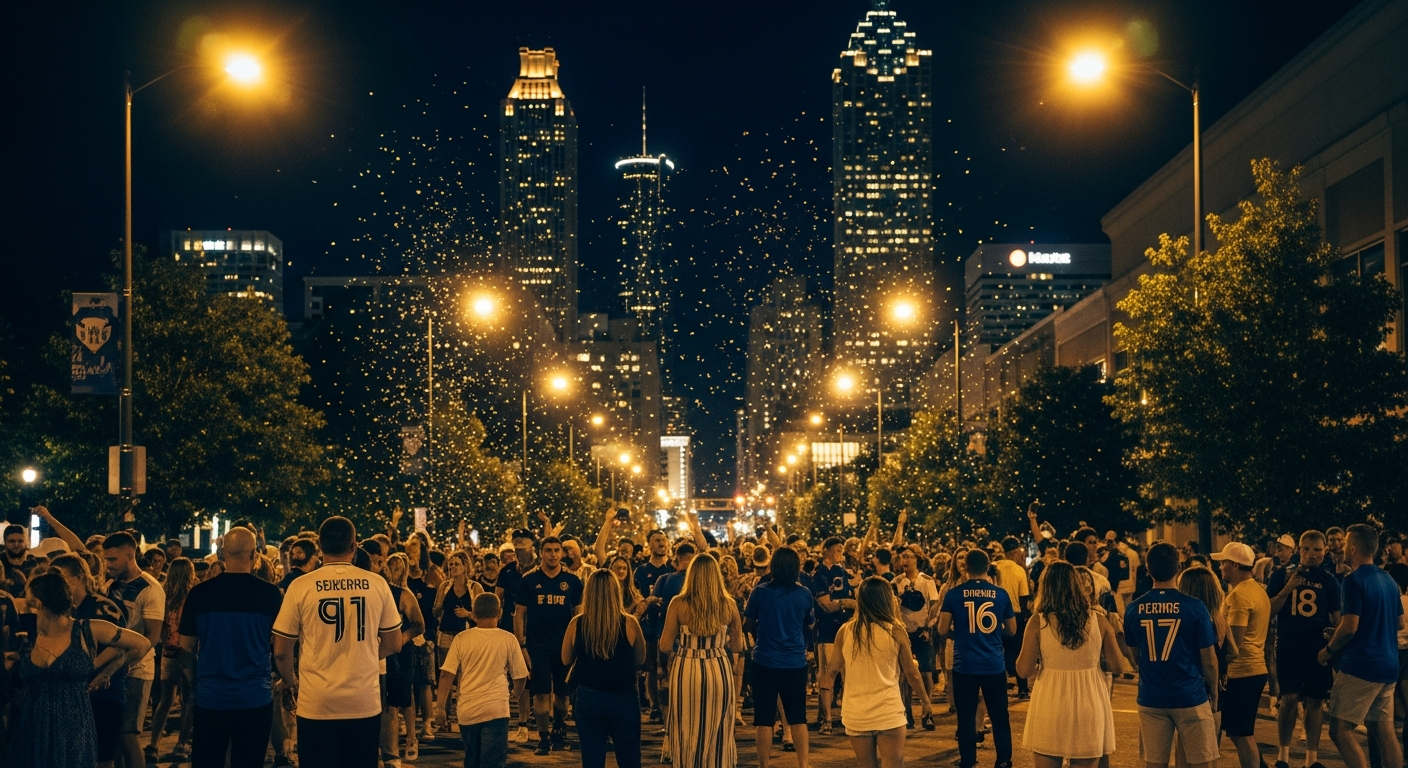 Joyful nighttime street celebration in downtown Atlanta with confetti under warm gold lights