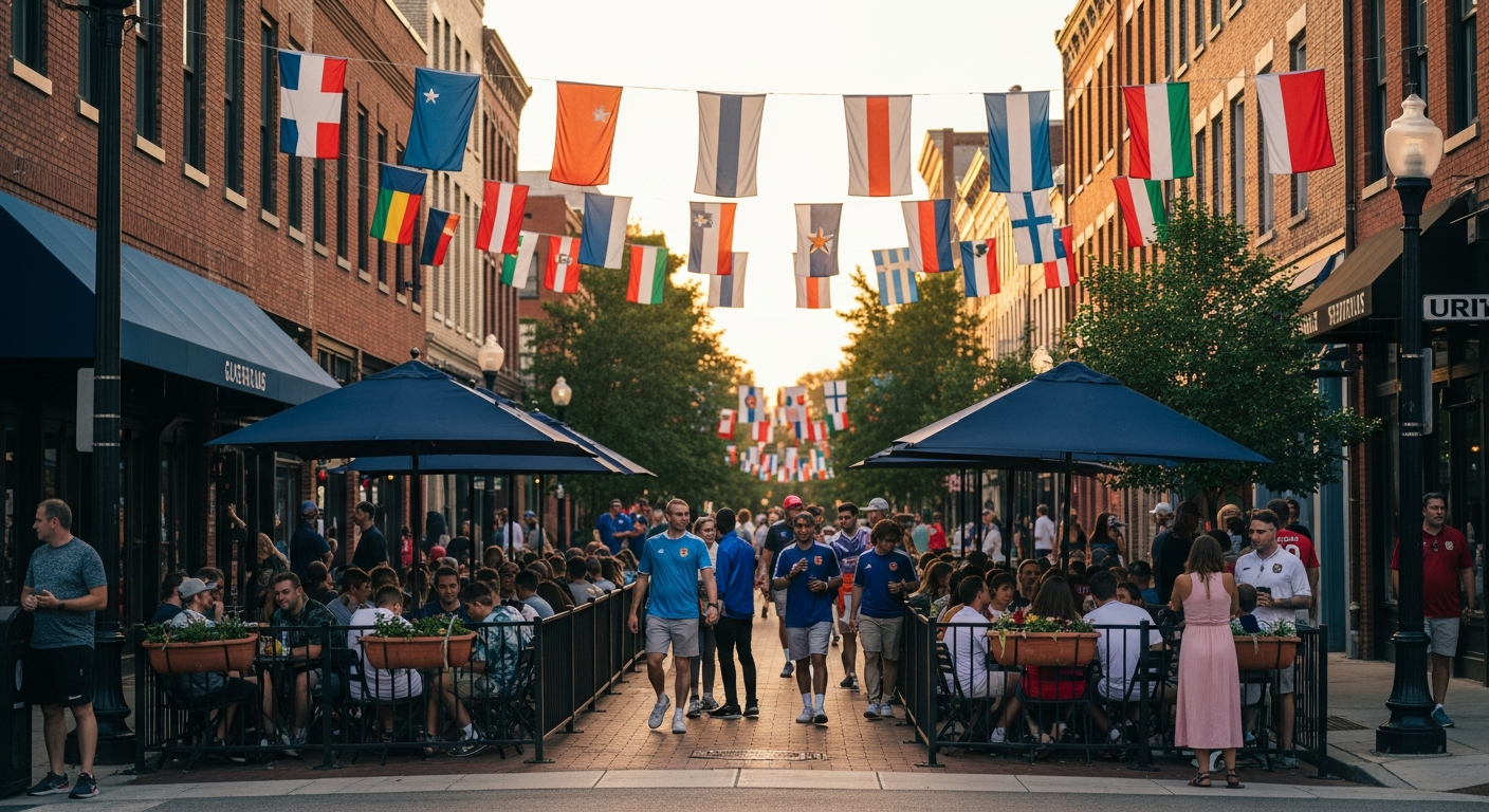 Atlanta street festival scene with cafe patios full of soccer fans and colorful flags overhead