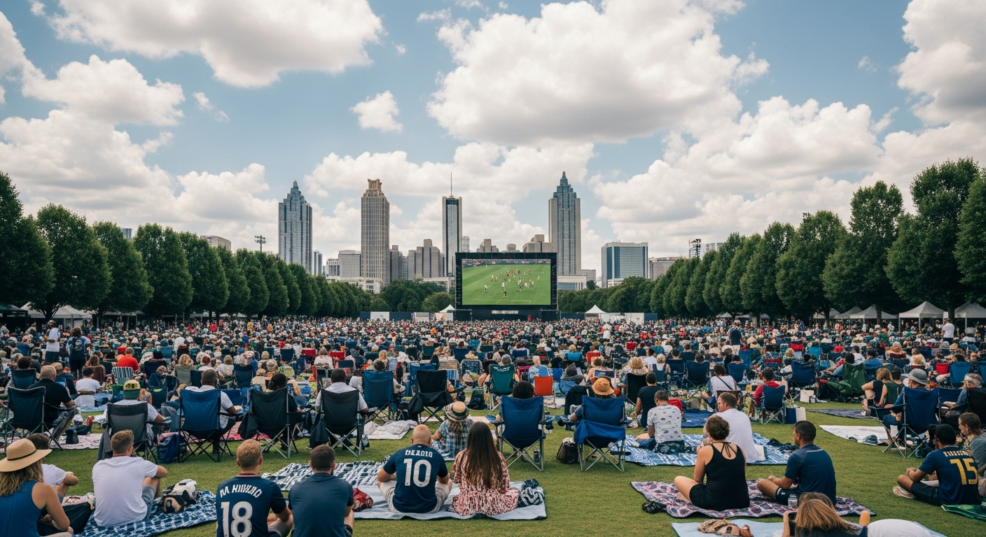 Thousands of fans on a great lawn watching a jumbo screen with the Midtown Atlanta skyline in the distance