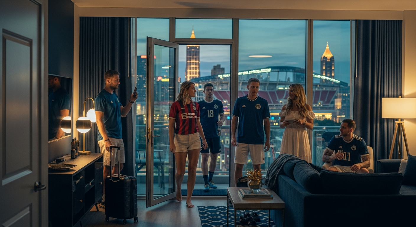 Modern Atlanta condo interior at dusk with floor-to-ceiling windows framing the glowing downtown skyline