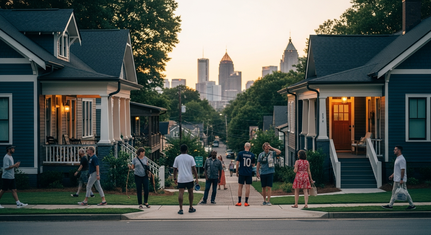 Tree-lined Atlanta residential street of renovated bungalows at dusk with the downtown skyline in the distance