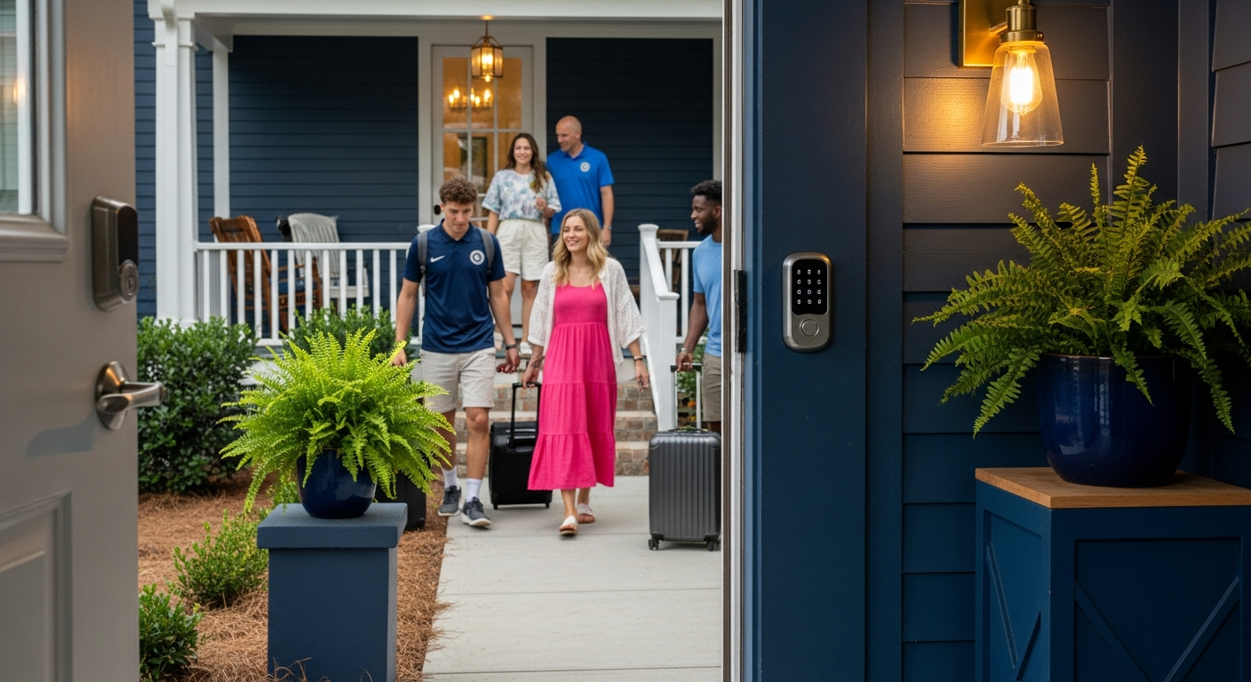 Welcoming Atlanta bungalow porch at evening with travelers arriving with rolling suitcases