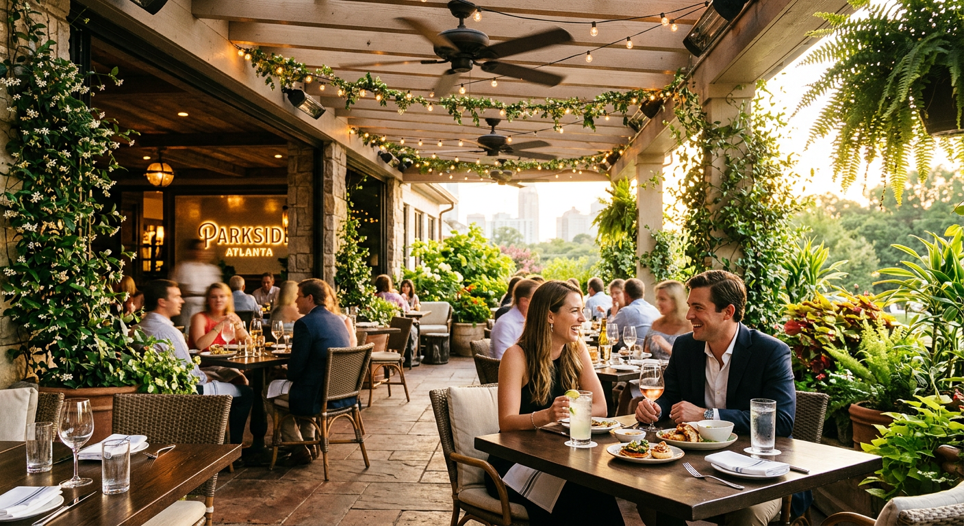 Shaded restaurant patio with string lights in Atlanta at dusk