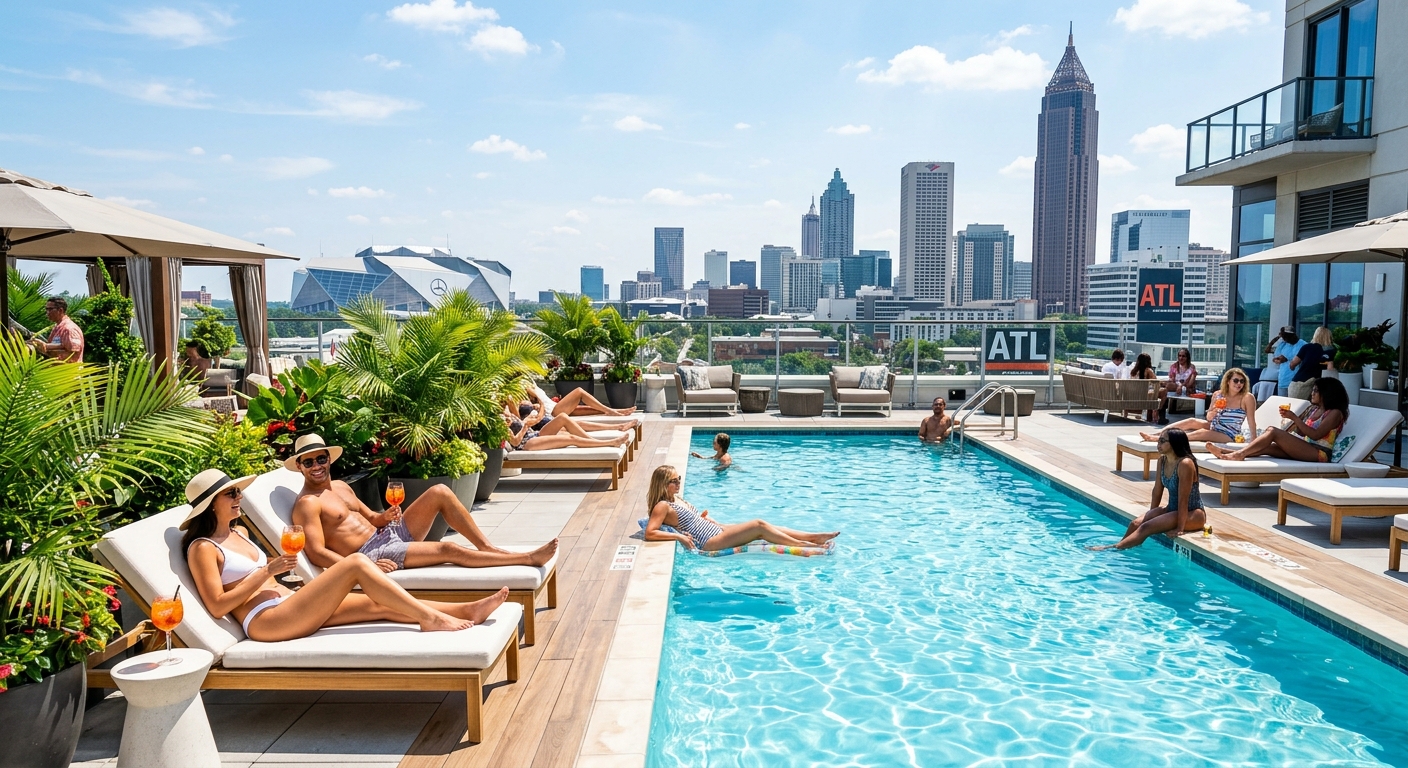 Atlanta hotel rooftop pool with skyline views on a sunny day