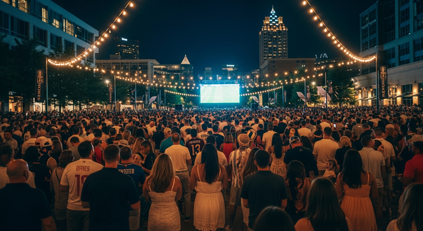 Nighttime outdoor watch party in an Atlanta square with a large glowing screen and crowd of fans