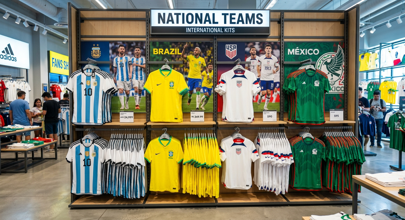 Colorful national team jerseys displayed in a retail store