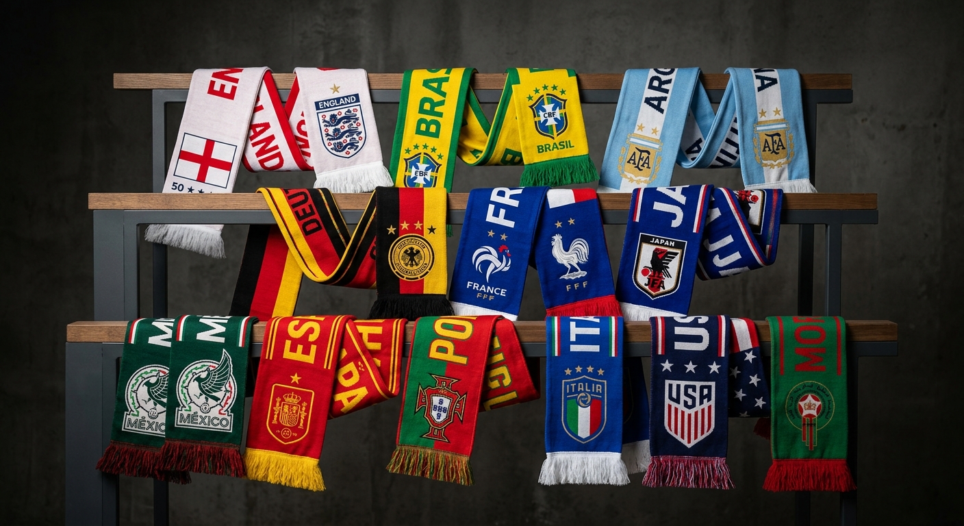 Collection of colorful World Cup team scarves spread on a dark surface