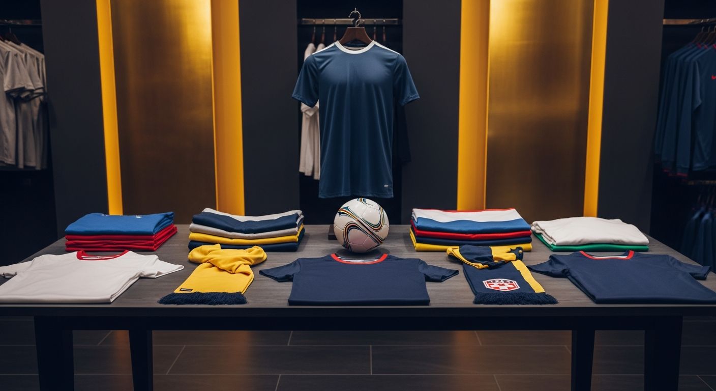 Retail display of soccer scarves, folded jerseys, and a match ball under warm store lighting